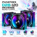 Phanteks D28-120 Reverse Flow D-RGB PWM 3-Pack, Infinity Mirror Side Lighting, 28mm Modular Fans, 1800 RPM, 72.05 CFM, 5V ARGB, 4-Pin PWM | BLACK 