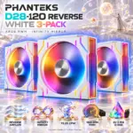 Phanteks D28-120 Reverse Flow D-RGB PWM 3-Pack, Infinity Mirror Side Lighting, 28mm Modular Fans, 1800 RPM, 72.05 CFM, 5V ARGB, 4-Pin PWM | WHITE 