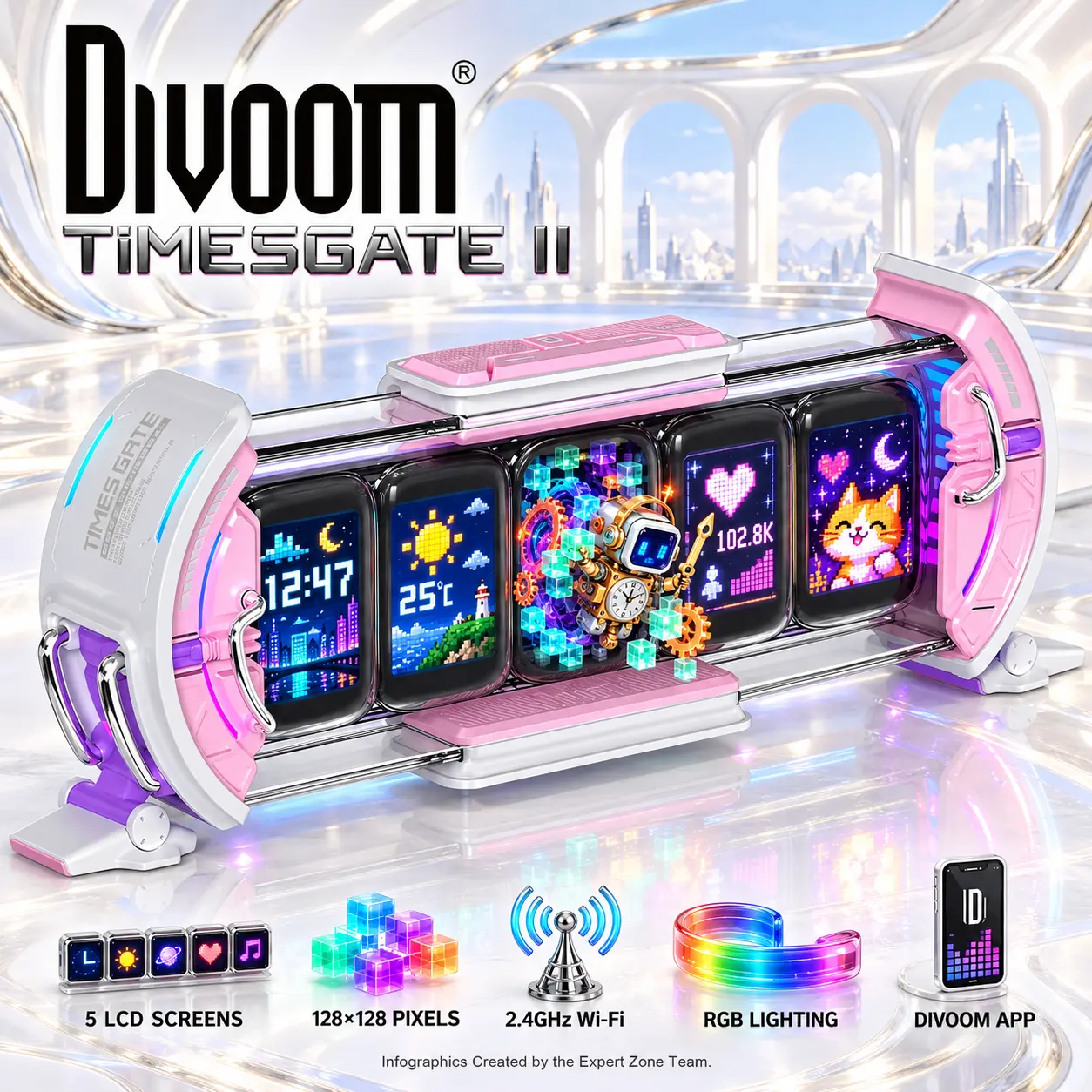 IMG_6adc7e2a3e65c-1.webp Divoom TimesGate II Cyberpunk Smart Pixel Display, 5 × 1.44" LCD 128×128 Screens, 2.4GHz Wi-Fi, Custom GIF/Pixel Art, Live Clock/Weather/Social Stats, RGB Ambient Lighting, iOS/Android App, USB-C Powered – Pink - Image 1