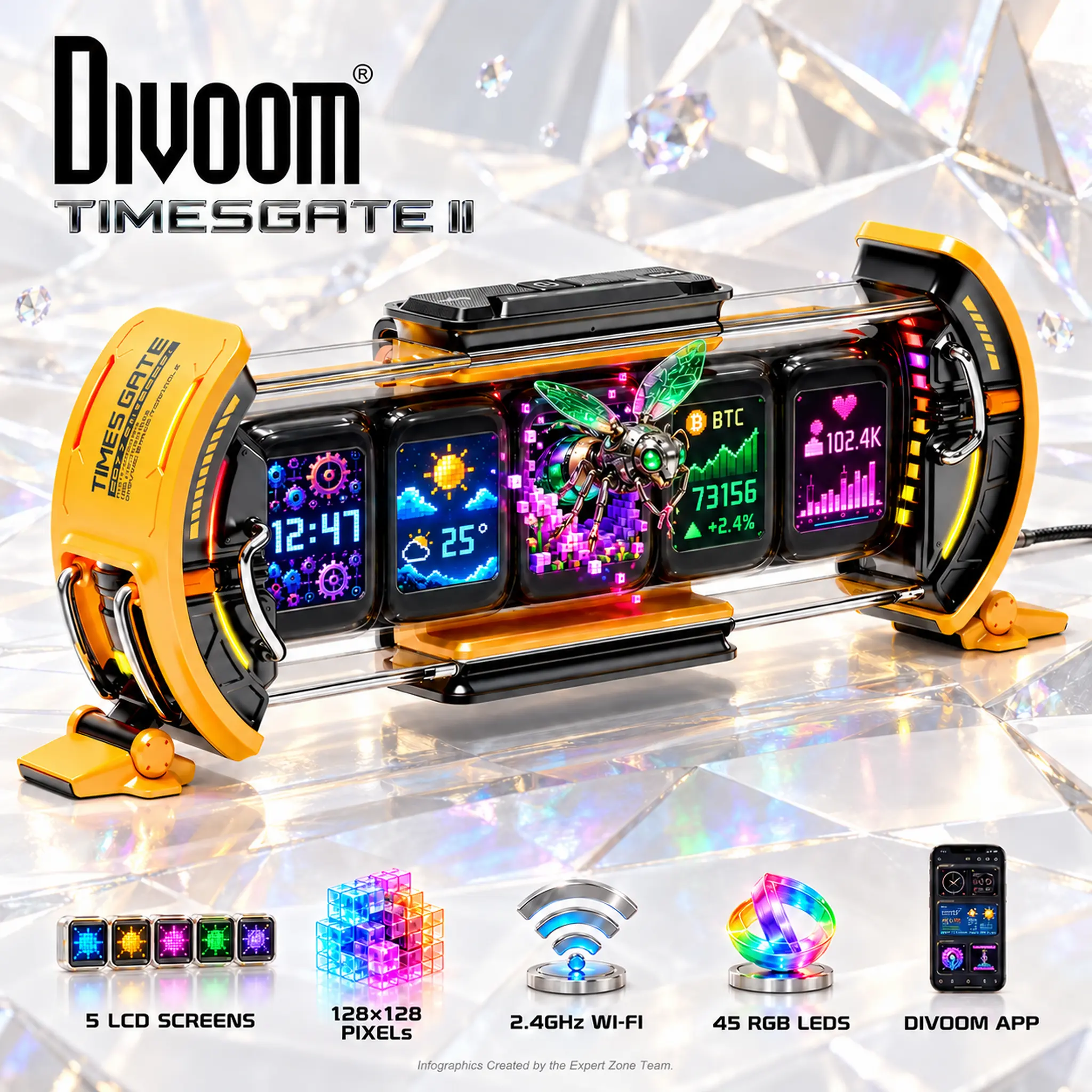 IMG_6adc922b800d2.webp Divoom TimesGate II Cyberpunk Smart Pixel Display, 5 × 1.44" LCD 128×128 Screens, 2.4GHz Wi-Fi, Custom Pixel Art & Live Widgets, 45-LED RGB Lighting, 12 Effects, iOS/Android App, USB-C Powered – Yellow - Image 1