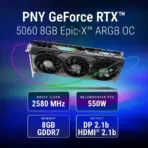 PNY GeForce RTX 5060 ARGB EPIC-X RGB OC Triple Fan GPU, 8GB GDDR7, 2580MHz Boost, DLSS 4, PCIe 5.0 x8, 3× DP 2.1b / HDMI 2.1b, Windows 10/11/Linux – Black - Image 2