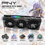 PNY GeForce RTX 5060 ARGB EPIC-X RGB OC Triple Fan GPU, 8GB GDDR7, 2580MHz Boost, DLSS 4, PCIe 5.0 x8, 3× DP 2.1b / HDMI 2.1b, Windows 10/11/Linux – Black