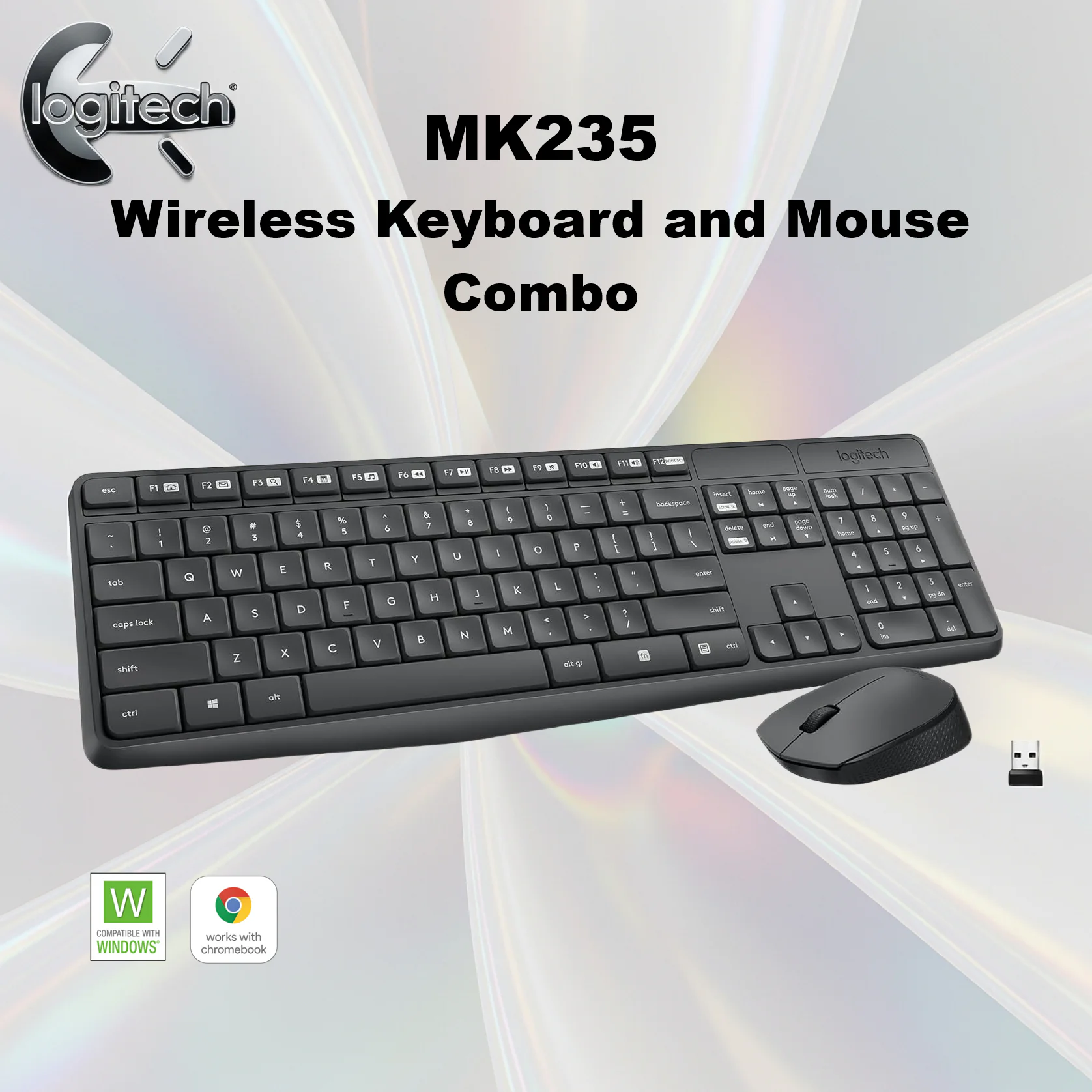 MK235-WIRELESS-KEYBOARD-AND-MOUSE-COMBO.webp Logitech MK235 Wireless Keyboard And Mouse Combo – Full-Size Layout, Spill-Resistant Keys, 36-Month Battery, 2.4GHz USB Receiver, Optical Mouse, Tilt Legs, Supports Windows & ChromeOS – Black - Image 1
