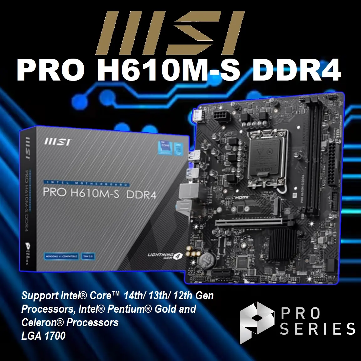 MSI-PRO-H610M-S-DDR4-Motherboard-Micro-ATX-14th13th12th-Gn-2.webp MSI PRO H610M-S DDR4 Motherboard, Micro-ATX - Support 14th/13th/12th Gen Intel Core Processors, LGA 1700, 1x PCIe 4.0 x16 Slot, 1 x M.2 Gen3, USB 3.2 Gen1, 1G LAN, HDMI 1.4 & VGA ~ - 1 Year Warranty - Image 1