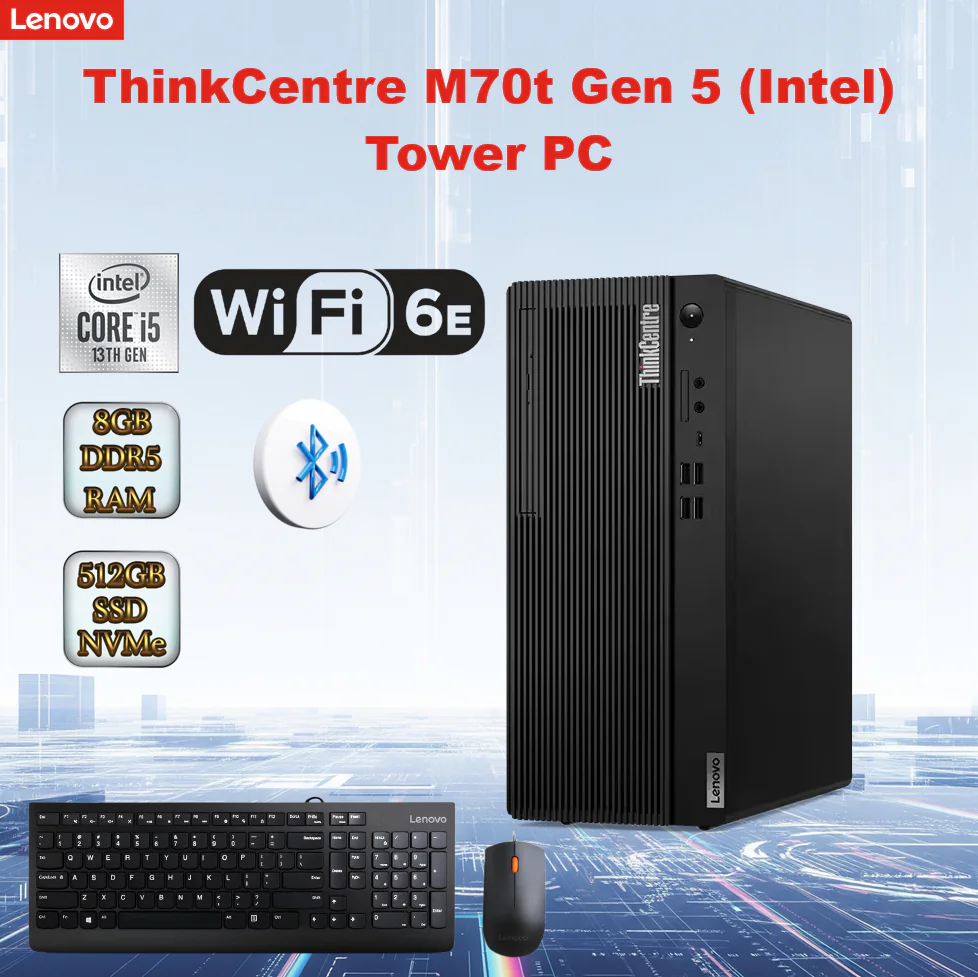 ThinkCentre-M70t-Gen-5-Intel-Tower-PC.webp LENOVO ThinkCentre M70t Gen 5 Desktop Intel® Core i5-13400 | 8GB DDR5 RAM ; 512 SSD NVMe® | Intel® UHD Graphics 730 | DOS | Wi-Fi® 6E + BT5.3 + Ethernet | Wired Mouse & Keyboard Included | BLACK | 1 YEAR WARRANTY - Image 1