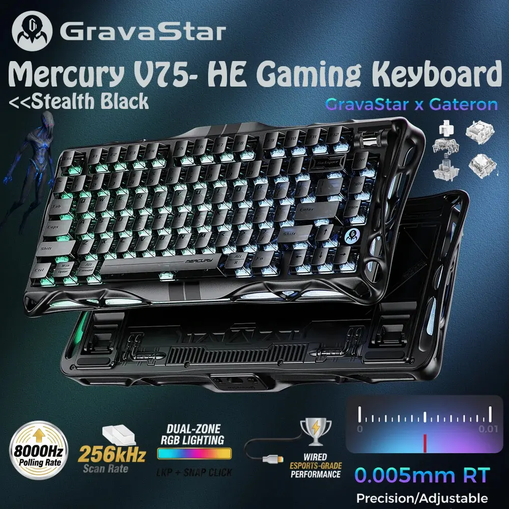 gravastar-mercury-v75-he-gaming-keyboard-75-percent-hall-effect-magnetic-switches-8khz-polling-rgb-aluminum-hot-swappable-3.webp GravaStar Mercury V75-HE Gaming Keyboard With RGB Gateron Magnetic Jade Pro Switch : 8000Hz Polling Rate, 0.005mm Magnetic Switch Precision, 0.125ms Ultra-Low Latency, Adjustable Actuation, Rapid Trigger, Semi-Aluminum Build | Stealth Black ● USED - Image 1