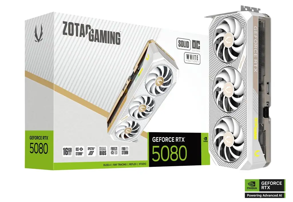 zt-b50800q-10p-image01.webp ZOTAC GAMING GeForce RTX 5080 SOLID OC White Edition – Blackwell Architecture, DLSS 4, 16GB GDDR7, IceStorm 3.0 Cooling, BladeLink Fans, SPECTRA 2.0 RGB, 12V-2x6 Power Input - Image 1